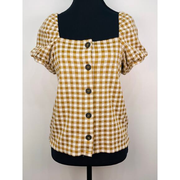 Madewell XS Brown Gingham Puff Sleeve Button Front Blouse - Picture 1 of 9